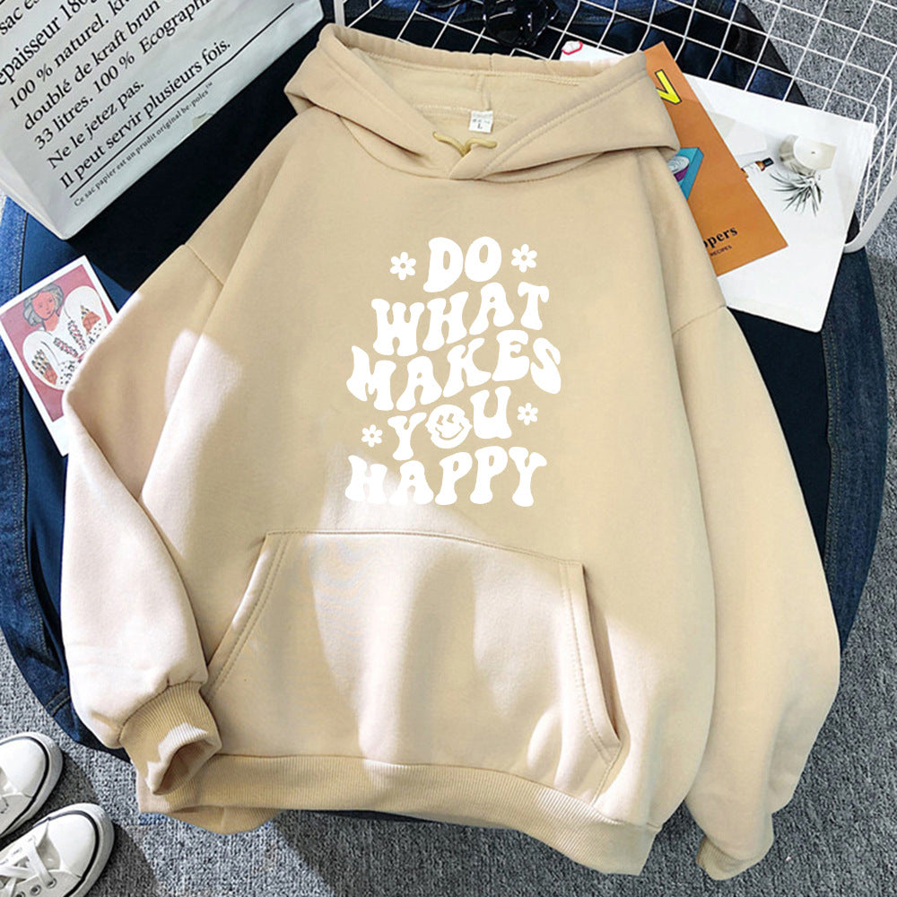 Lässiger Kapuzenpullover mit Aufdruck „Do What Makes You Happy“.