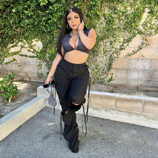 Casual Drawstring Ripped Loose Cargo Pants
