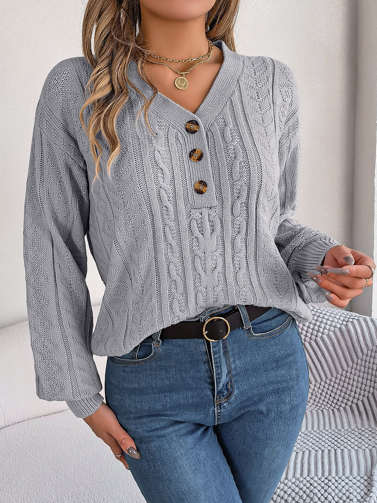 Twist Button Lantern Sleeve Pullover Sweater