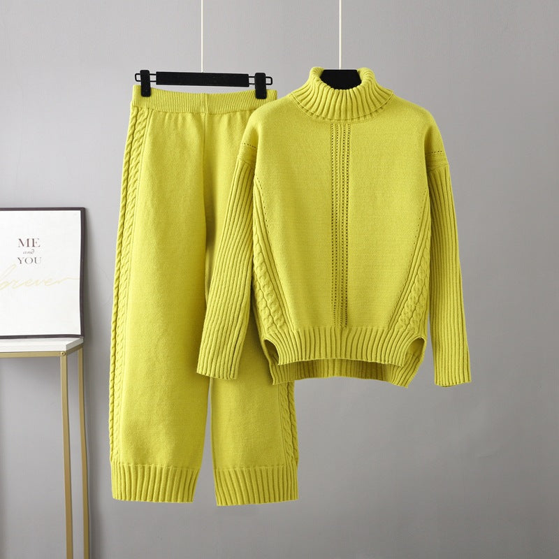 Two Pieces Casual Knitted Sweater Wide Bottom Pant Set