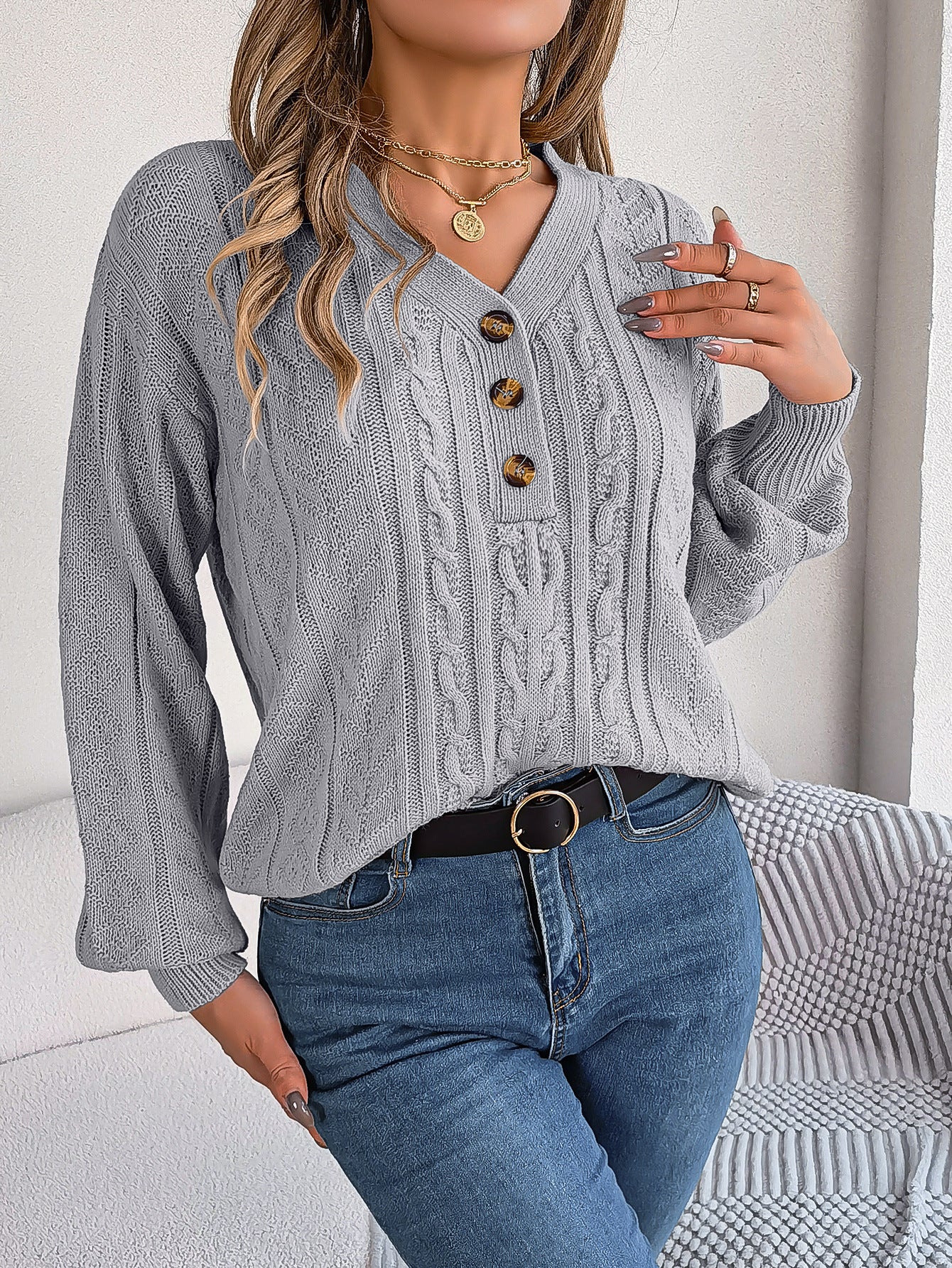 Twist Button Lantern Sleeve Pullover Sweater