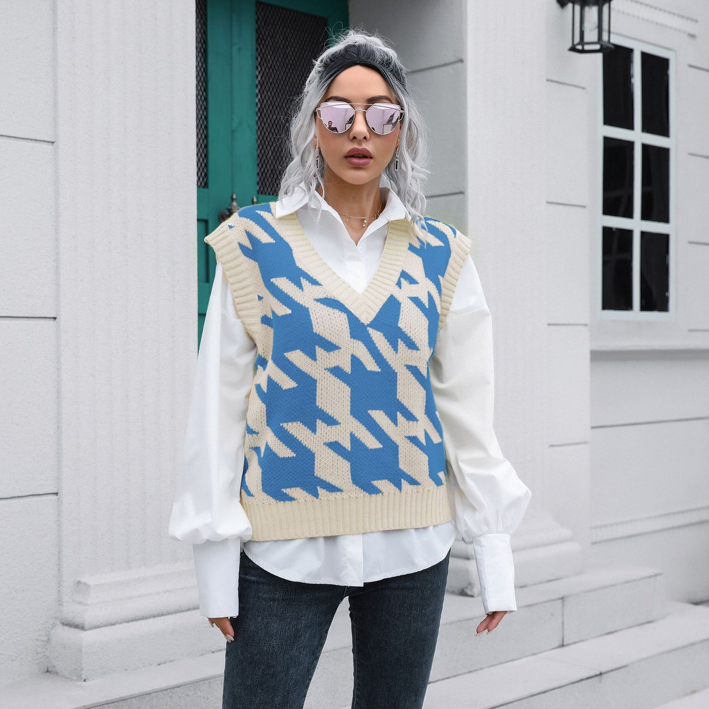 Casual Houndstooth Pattern Sweater Vest