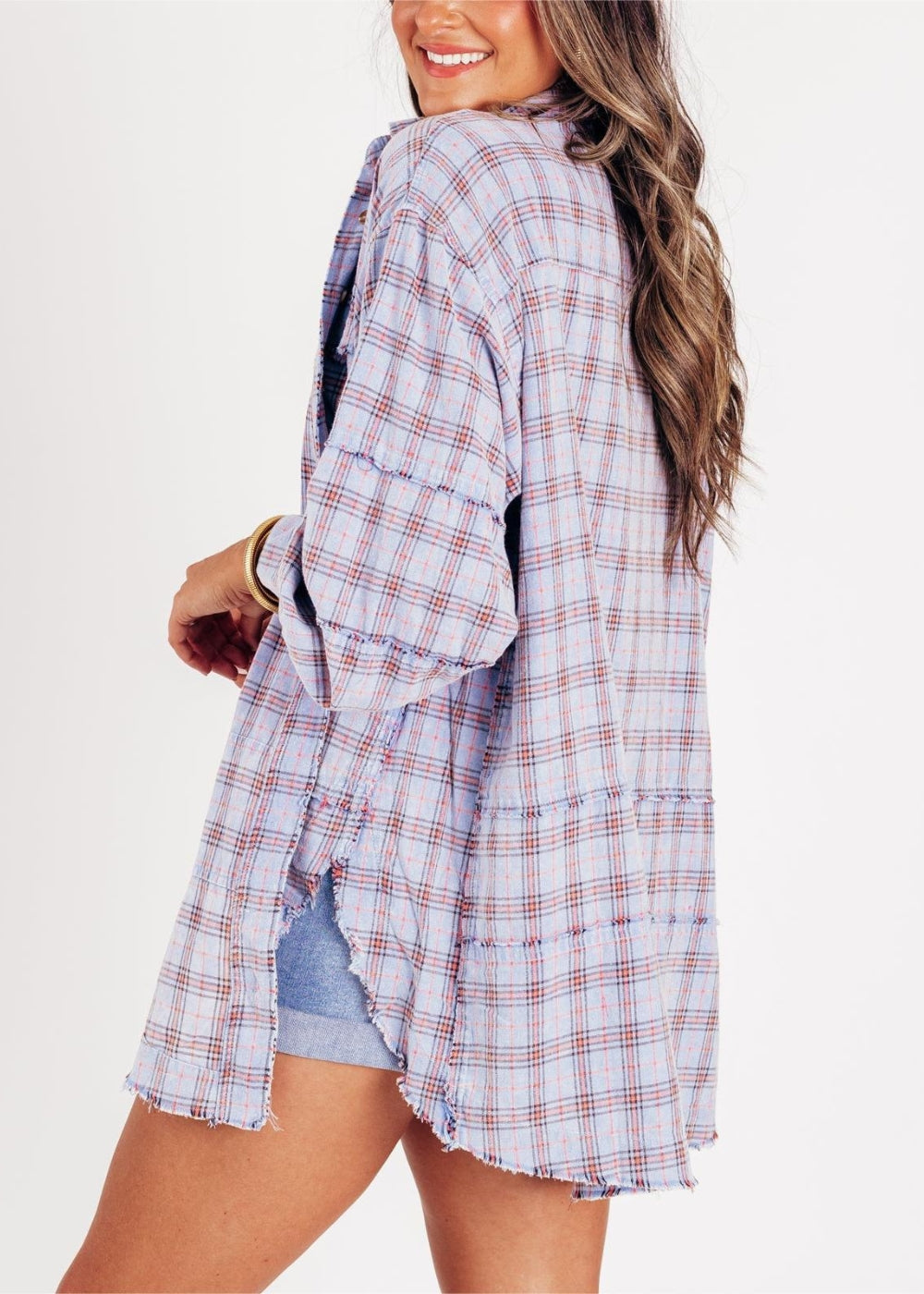Raw Edge Style Oversized Shirt Jacket With Pockets