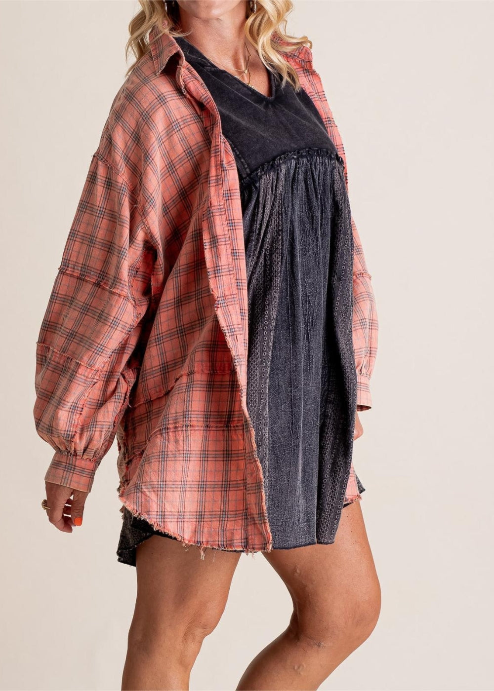 Raw Edge Style Oversized Shirt Jacket With Pockets