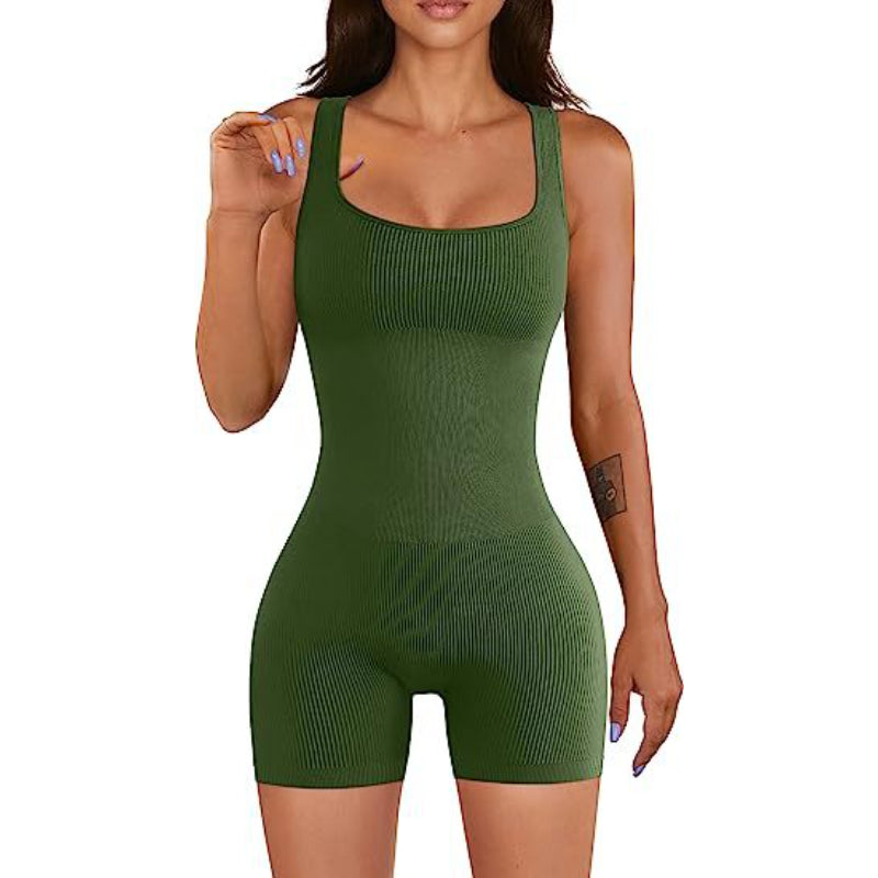 Ribbed Square Collar Sporty Romper