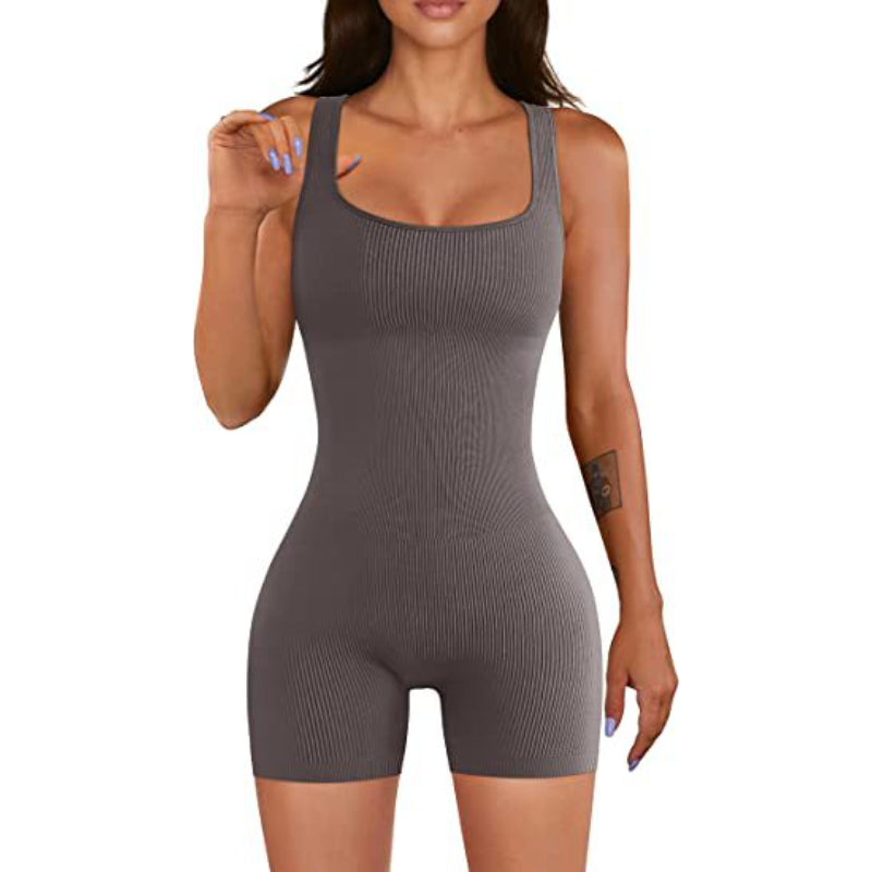 Ribbed Square Collar Sporty Romper