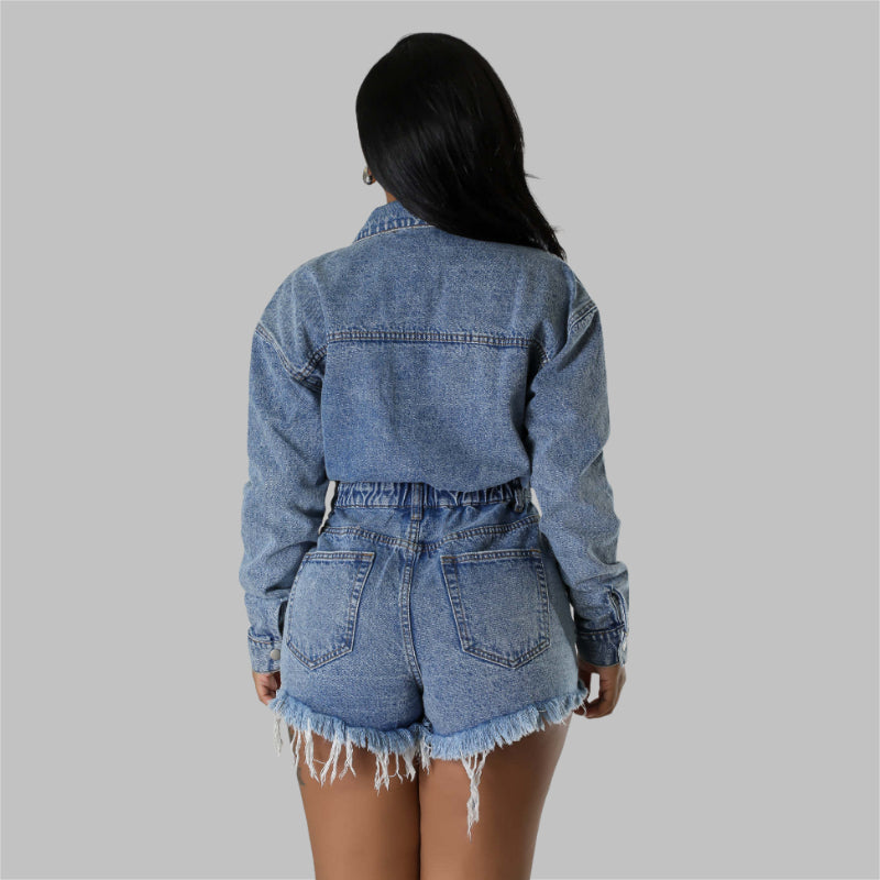 Ripped Tassel High Elasticity Denim Romper