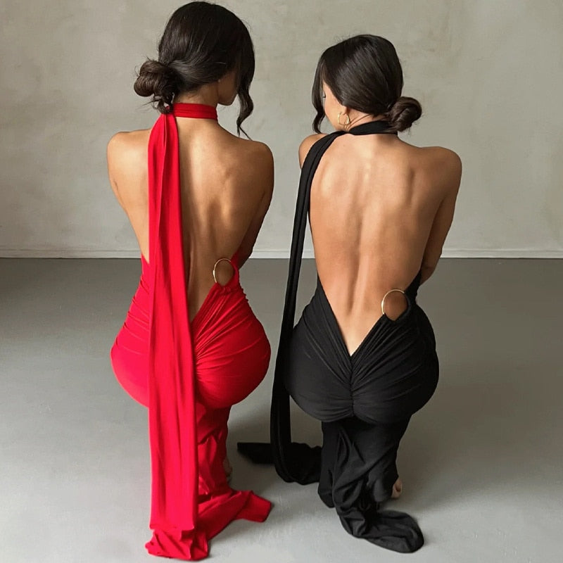 Oblique Shoulder Backless Maxi Dress