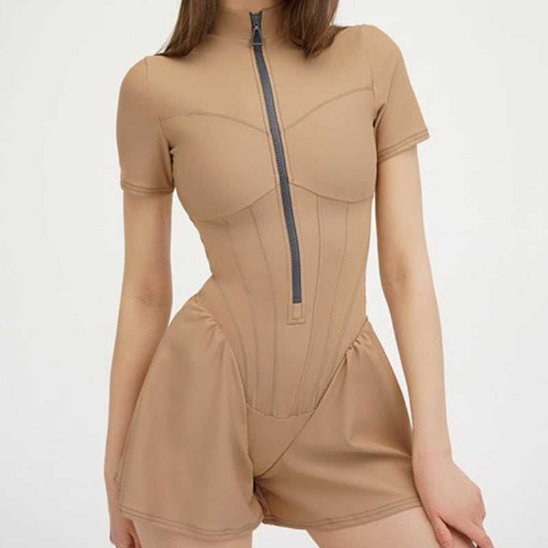 Short Sleeve Slim Fit Zipper Shirt Romper