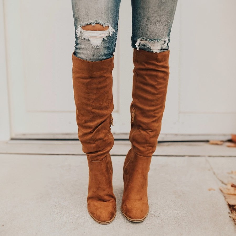 Chaussures bottes longues rétro à fermeture éclair latérale