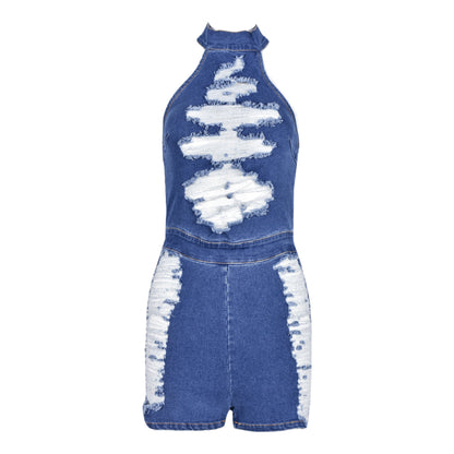 Ärmelloser, zerrissener Jeans-Strampler mit Neckholder und Reißverschluss