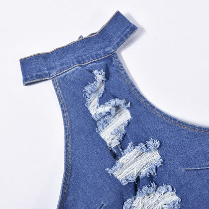 Ärmelloser, zerrissener Jeans-Strampler mit Neckholder und Reißverschluss