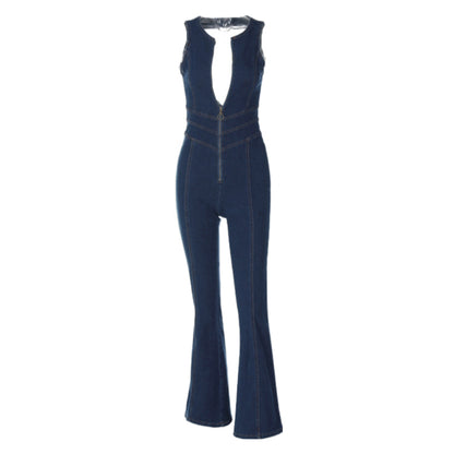 Slim Fit Backless Retro Denim Jumpsuit