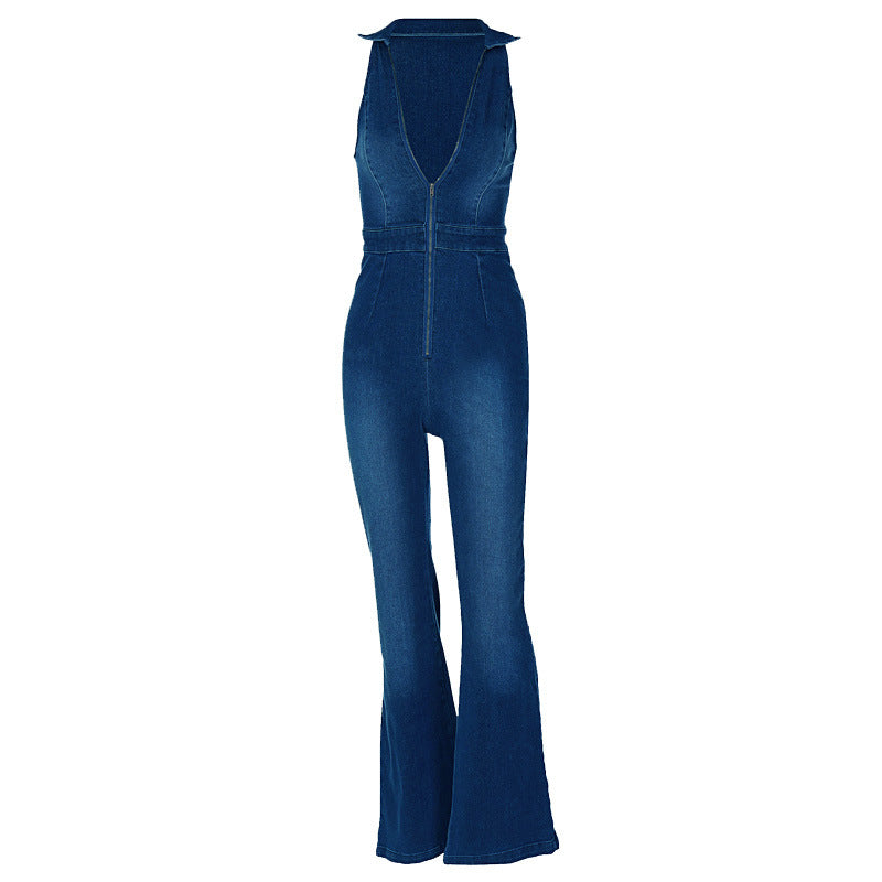 Slim Fit Sleeveless Retro Denim Jumpsuit