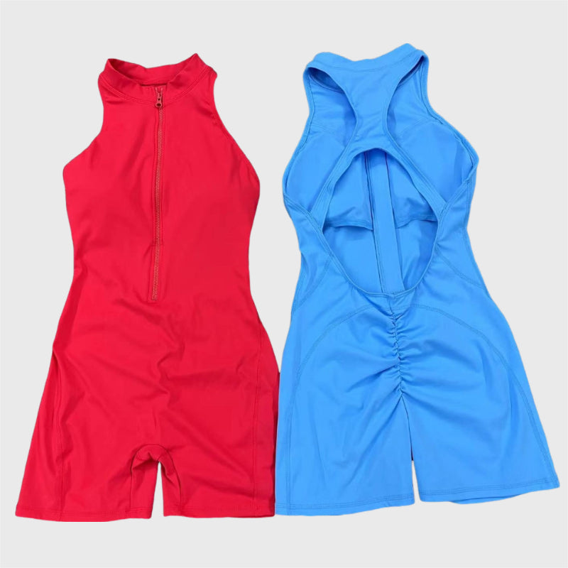 Sporty Cutout Pleated Zipper Rompers