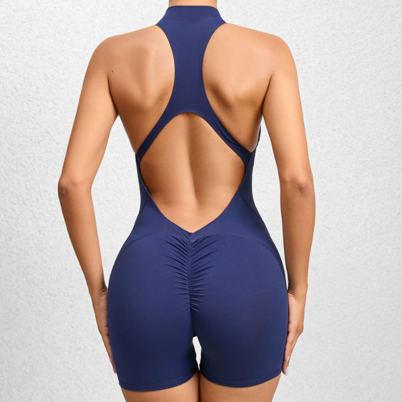 Sporty Cutout Pleated Zipper Rompers