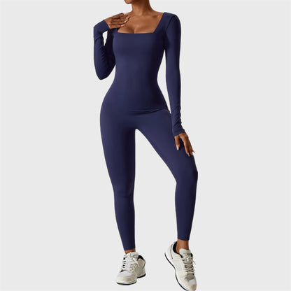 Sporty Long Sleeve Square Collar Jumpsuit