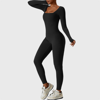 Sporty Long Sleeve Square Collar Jumpsuit