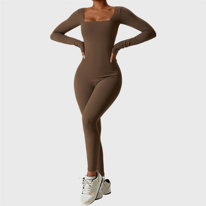 Sporty Long Sleeve Square Collar Jumpsuit