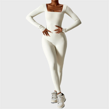 Sporty Long Sleeve Square Collar Jumpsuit