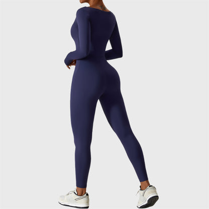 Sporty Long Sleeve Square Collar Jumpsuit