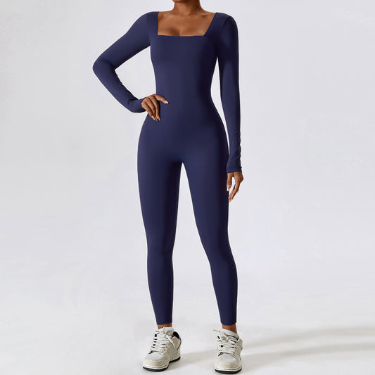 Sporty Long Sleeve Square Collar Jumpsuit