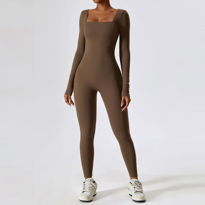 Sporty Long Sleeve Square Collar Jumpsuit