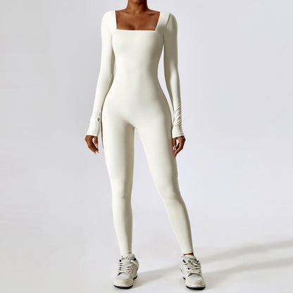Sporty Long Sleeve Square Collar Jumpsuit
