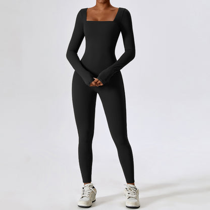 Sporty Long Sleeve Square Collar Jumpsuit