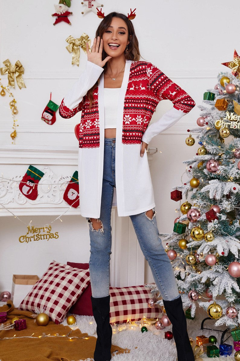 Stilvoller lockerer Cardigan-Mantel mit Weihnachtsmusterdruck