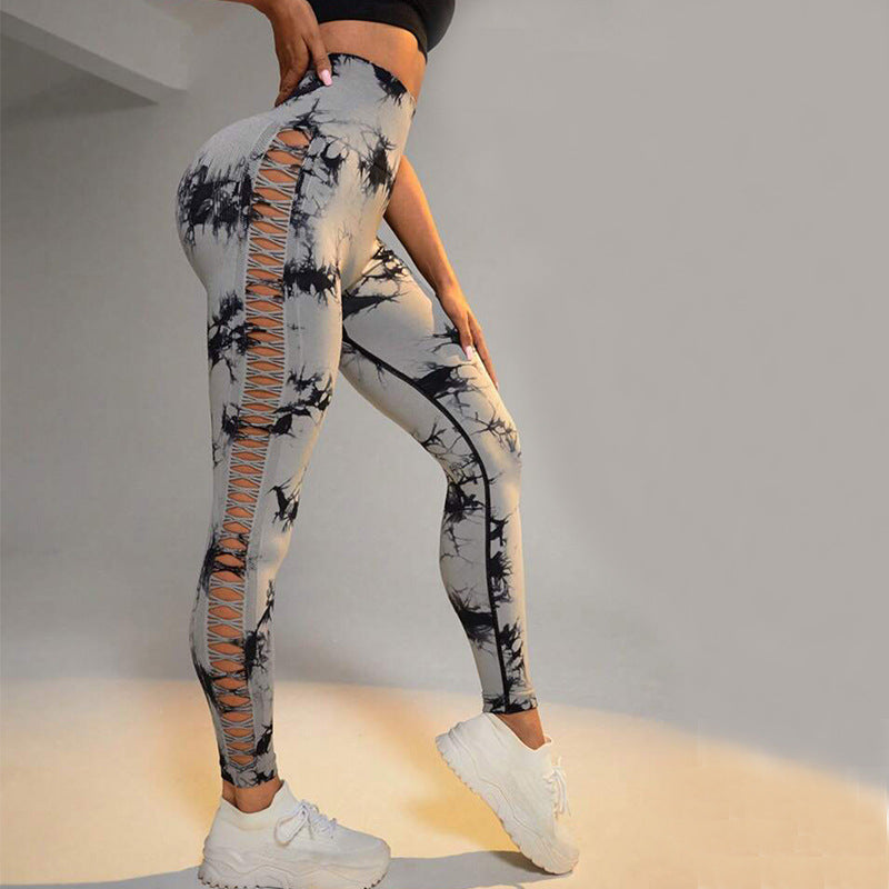 Stylish Hollow Tie Dye Printed Seamless Leggings