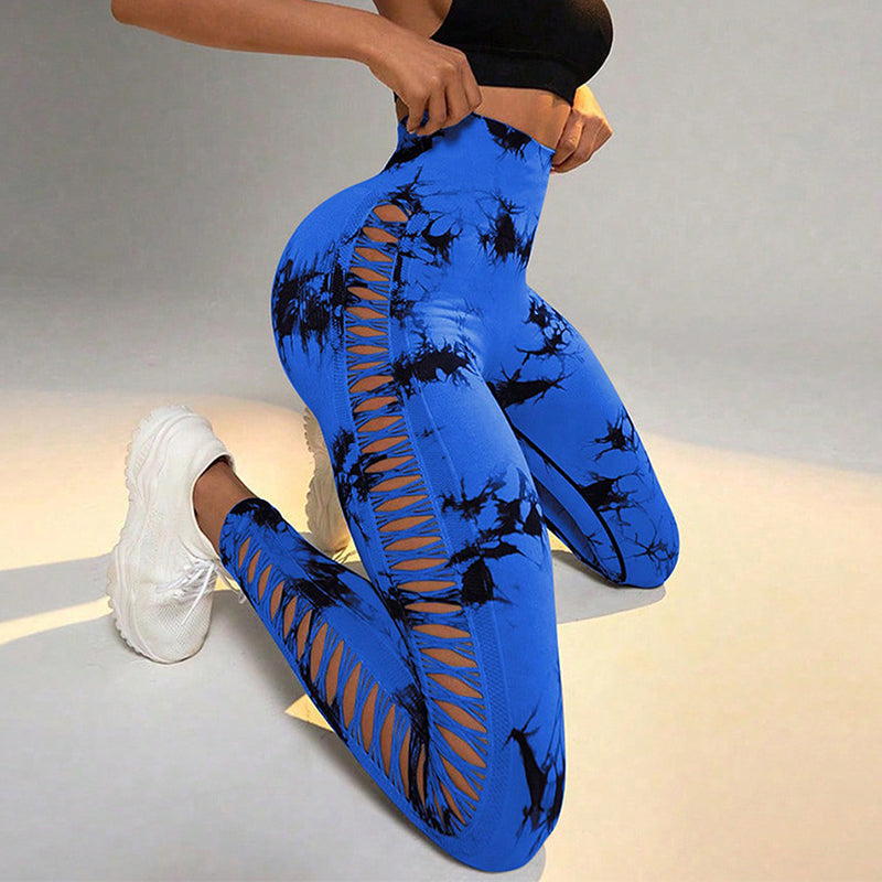 Stilvolle nahtlose Leggings mit hohlem Tie-Dye-Print