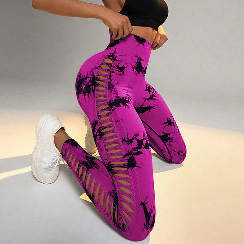 Stilvolle nahtlose Leggings mit hohlem Tie-Dye-Print