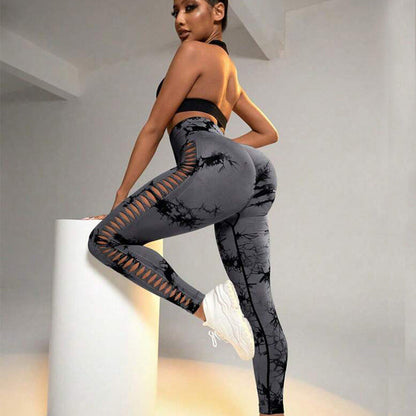 Stylish Hollow Tie Dye Printed Seamless Leggings