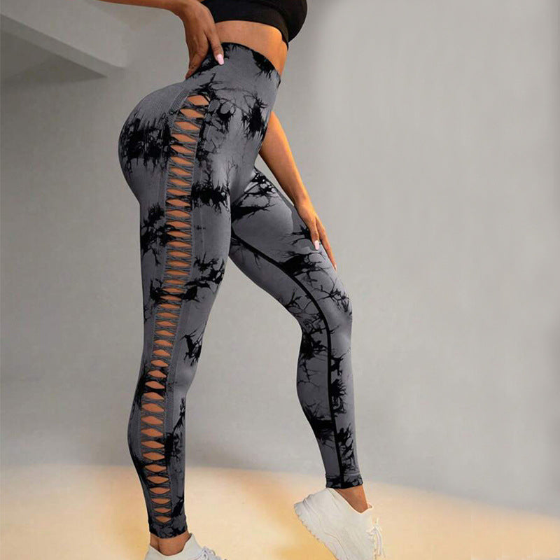 Stylish Hollow Tie Dye Printed Seamless Leggings