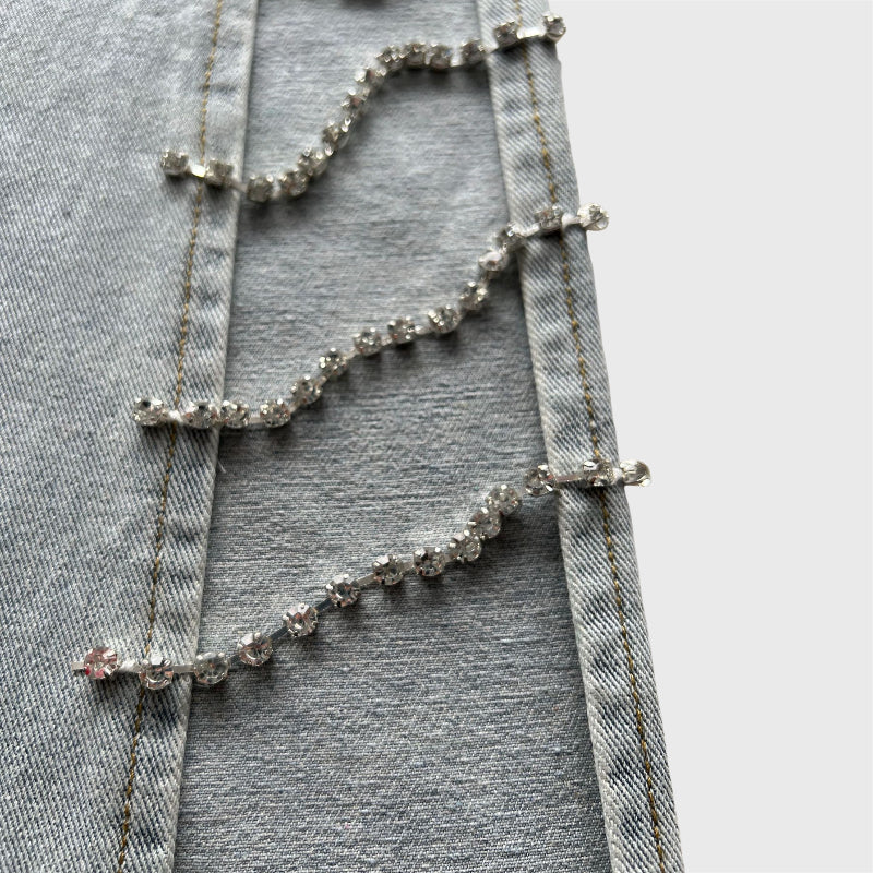 Stylish Loose Side Split Rhinestone Chain Jeans