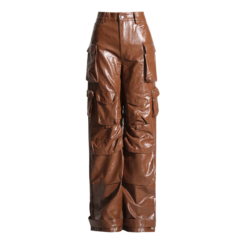 Unique Design Large Pocket Leather Straight Pants