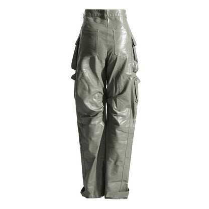 Unique Design Large Pocket Leather Straight Pants