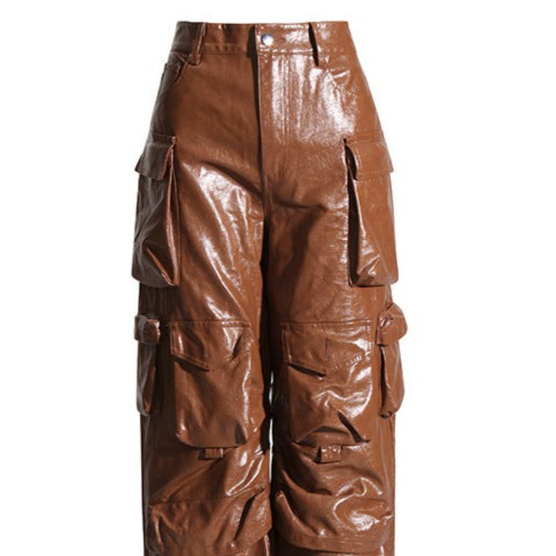 Unique Design Large Pocket Leather Straight Pants