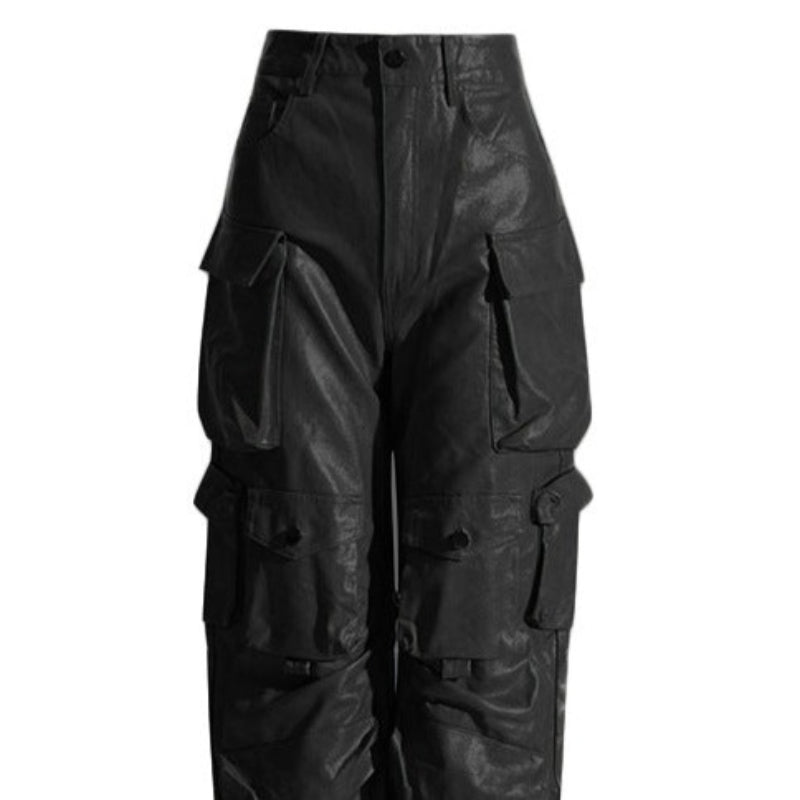 Unique Design Large Pocket Leather Straight Pants