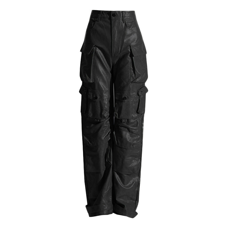 Unique Design Large Pocket Leather Straight Pants