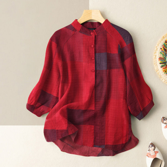 Plaid Lantern Sleeve Mandarin Collar Blouse