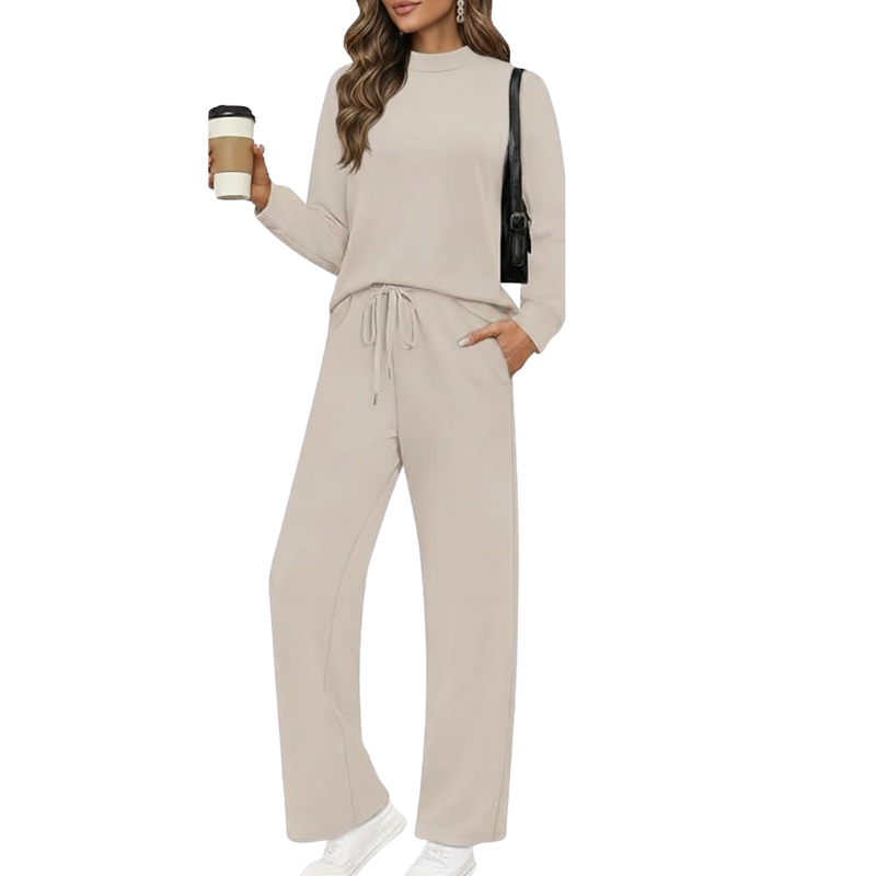 Two Piece Matching Travel Outfit With Comfortable Top And Loose Fit Pants For Women