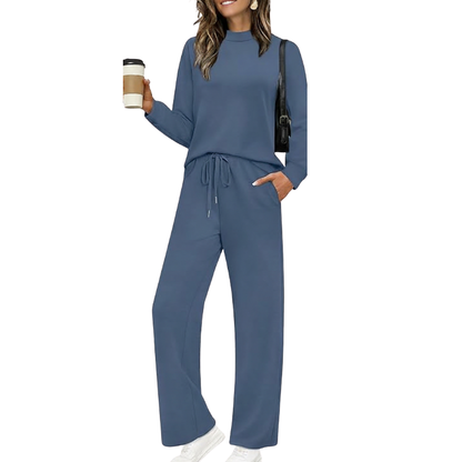 Two Piece Matching Travel Outfit With Comfortable Top And Loose Fit Pants For Women