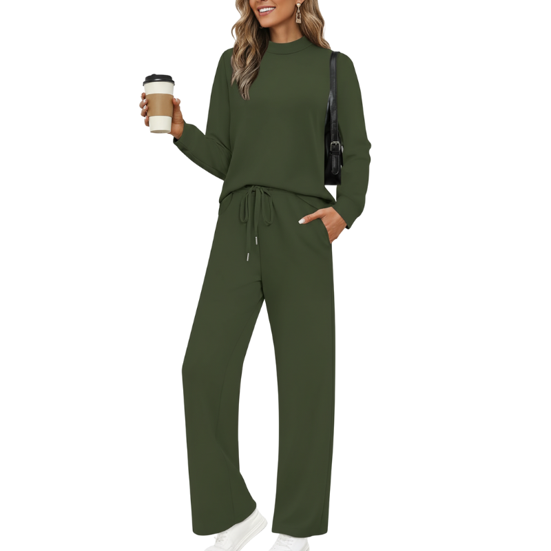 Two Piece Matching Travel Outfit With Comfortable Top And Loose Fit Pants For Women