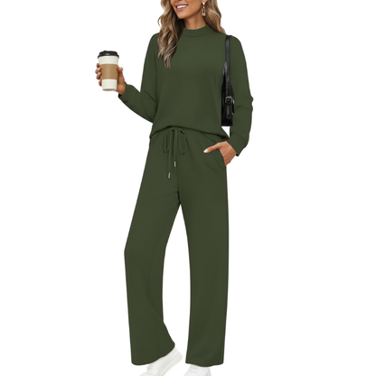 Two Piece Matching Travel Outfit With Comfortable Top And Loose Fit Pants For Women