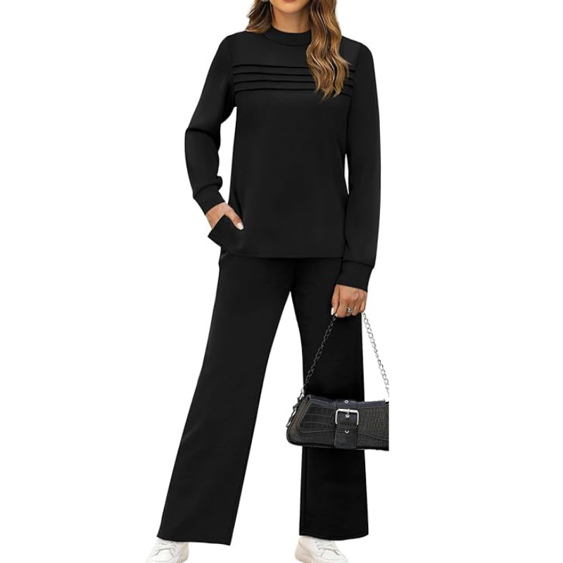 Two Piece Travel Ready Lounge Outfit With Long Sleeve Top And Loose Pants For Women