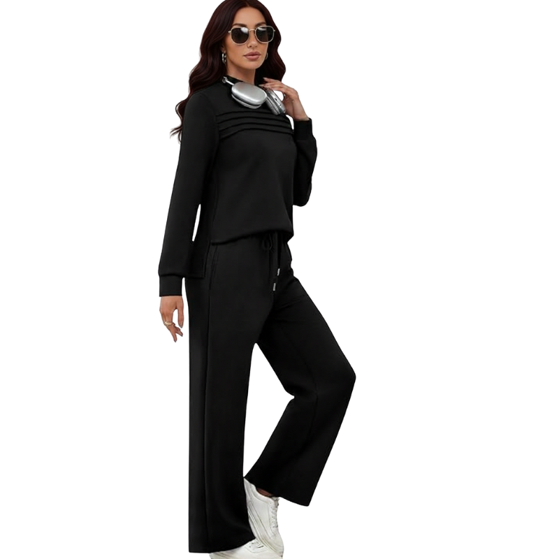 Two Piece Travel Ready Lounge Outfit With Long Sleeve Top And Loose Pants For Women