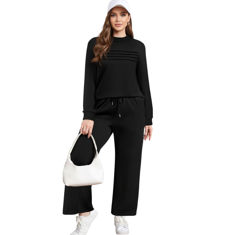 Two Piece Travel Ready Lounge Outfit With Long Sleeve Top And Loose Pants For Women