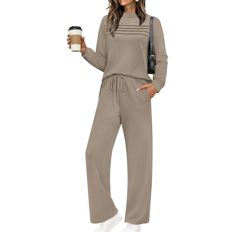 Two Piece Travel Ready Lounge Outfit With Long Sleeve Top And Loose Pants For Women